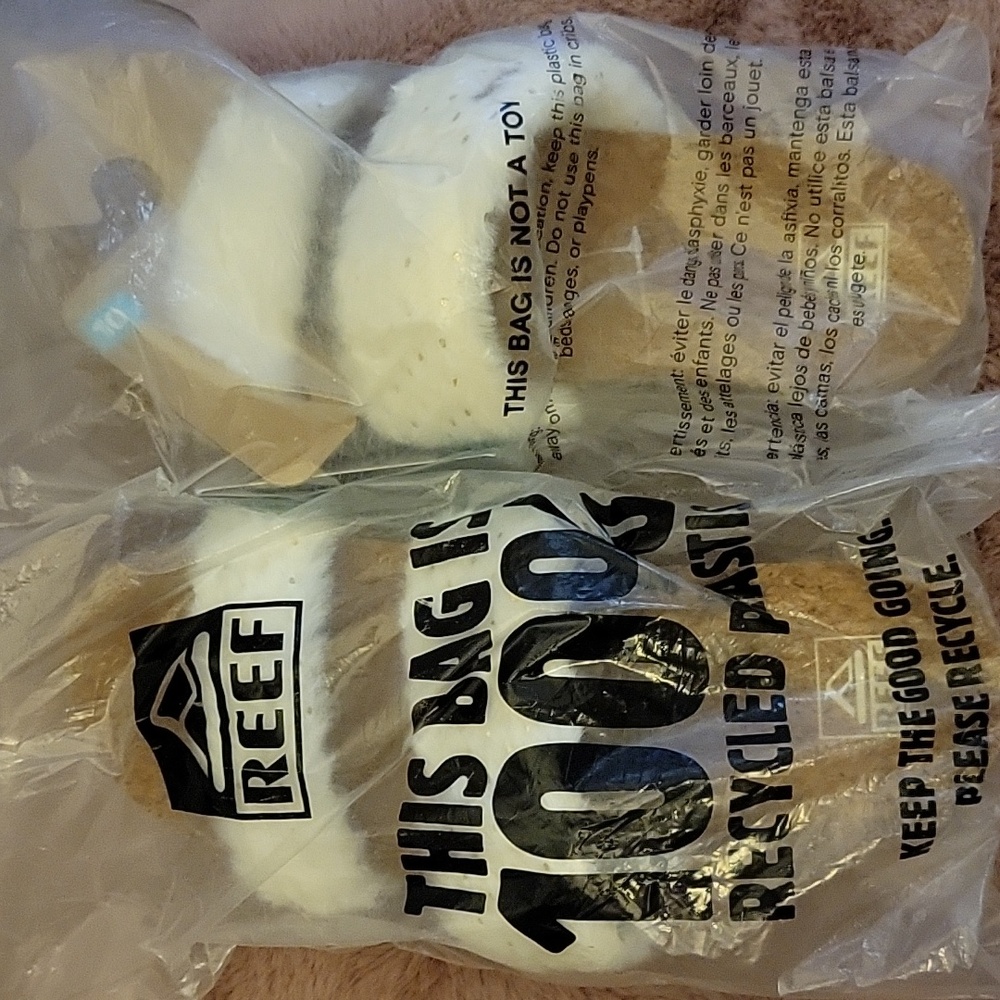 NEW Reef Cushion Vista Fuzzy Cork Slides Faux Fur White Beachy Size 10 - Picture 10 of 10